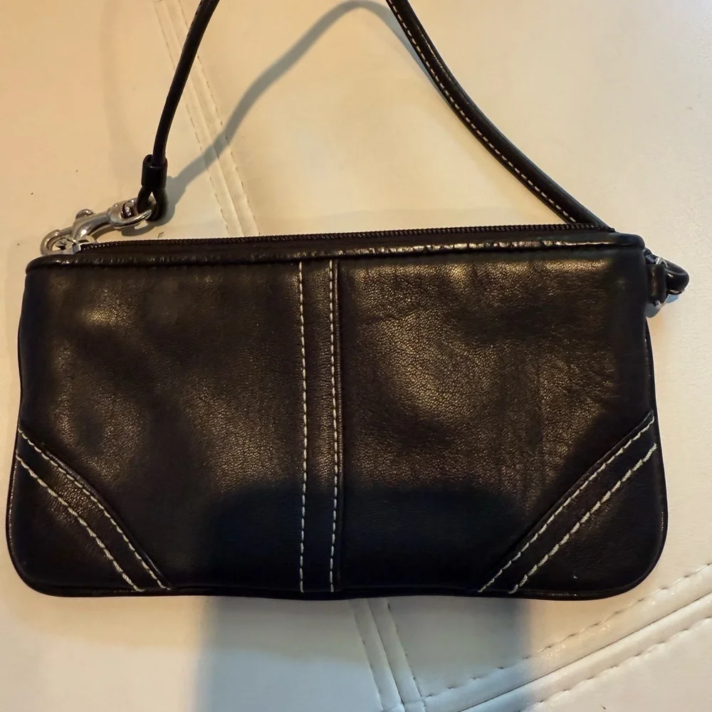 Coach Black Leather Wristlet with Contrast Stitching